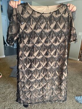 SHEIN Black Sequin Sheath-Style Cocktail Dress with Nude Lining. Size L.